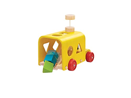Image of PlanToys Sorting Bus Pull Toy - Sustainably Made from Rubberwood Featuring Organic-Pigment Coloring and Water-Based Dyes with 3 Colorful Shapes and Pull-Along Bus