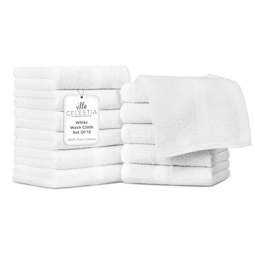 Image of Villa Celestia Cotton Washcloths Set of 12, 12x12 Inch, 100% Ring-Spun Combed Cotton, Soft Absorbent Quick-Dry Wash Cloths for Face and Body, Oeko-TEX Certified, Hotel & Spa Quality, White