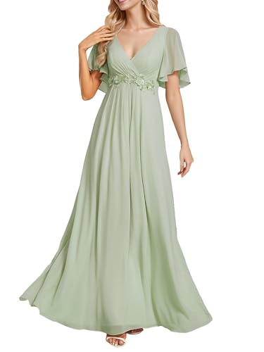 Image of Ever-Pretty Women's Spring Short Sleeve Bridesmaid Dresses V-Neck Chiffon Ruched Empire Waist Appliques Long Formal Dress