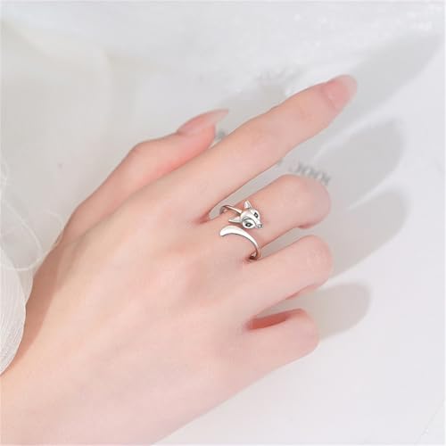 Minimalist Crystal Fox Head Open Ring for Women Silver Gold Plated Adjustable Stacking Animal Tail Band Wrap Finger Rings Comfort Fit Simple Fashion Holiday Halloween Jewelry3