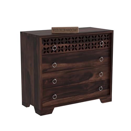 Image of Handcrafted Sheesham Wood Dressers Chests of 4 Drawers | Kitchen Crockery Cabinet Unit | Sideboard Storage Cabinets | Bedroom Furniture | Wooden Chests of Drawers (Walnut Finish)