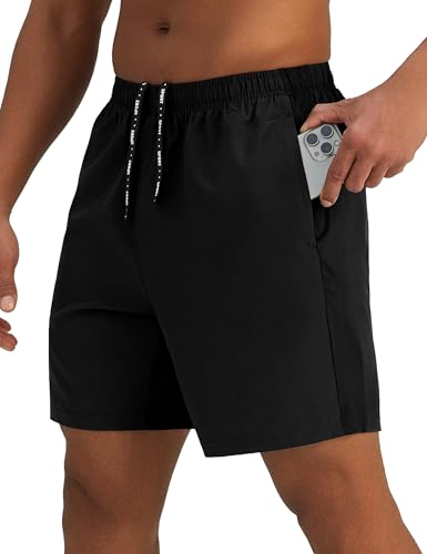 Pesfix Mens 7'' Lightweight Athletic Shorts Quick Dry Gym Workout Running Shorts with Zipper Pockets Black,Medium