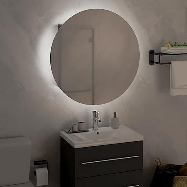 Maximize Bathroom Space with LED Bathroom Cabinet and Round Mirror, Ample Storage with USB Interface, Gray