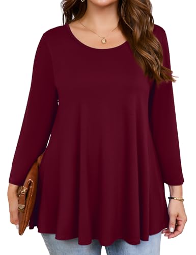 JollieLovin Womens 3/4 Sleeve Loose Fit Swing Tunic Tops Basic T Shirt(1X,Wine Red)