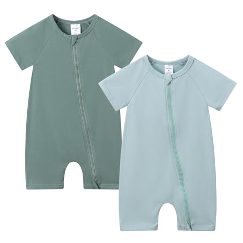 Image of JunNeng Baby Boy 2 Pack Short Sleeve Rompers Infant Cotton 2-way Zippers Comfy Summer Jumpsuit Z Dark green+Ligjt green 3-6 Months