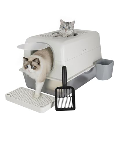 JFHID XL Stainless Steel Cat Litter Box with Lid, Enclosed High-Sided Top-Entry Design, Large Metal Kitty Litter Box Equipped with Scoop and Trash Bin, White