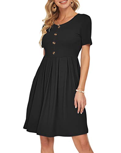 AUSELILY Women's Short Sleeve Summer Dress Pleated Button Down Knee Length Dresses with Pockets 2025 New3