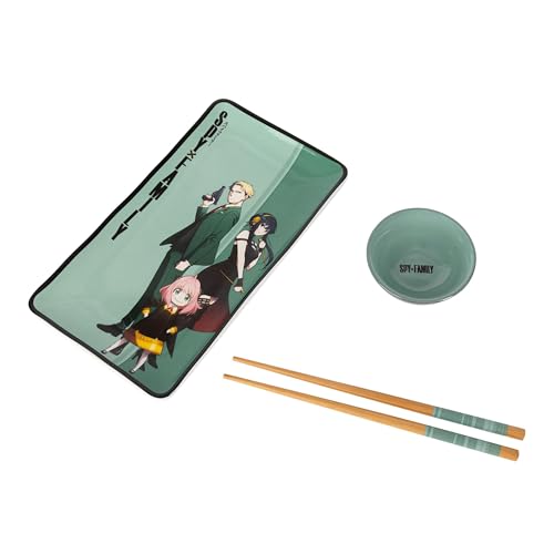 Image of Silver Buffalo Spy X Family Japanese Anime Featuring Anya Forger, Loid (Twilight), and Yor (Thorn Princess) Ceramic Sushi Set with Dipping Sauce Dish and Matching Chopsticks