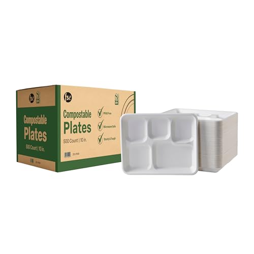 Image of FSE 100% Compostable Paper Plates with 5 Compartments, 8x10 Inch, School Lunch Trays, Heavy Duty Disposable Plates, Eco-Friendly Unbleached Bagasse, Microwave Safe, (Case of 500)