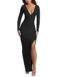 Kaximil Women's Sexy Long Sleeve Deep V Neck Bodycon Maxi Dress Side Slit Wedding Guest Cocktail Long Dress, Medium, Black