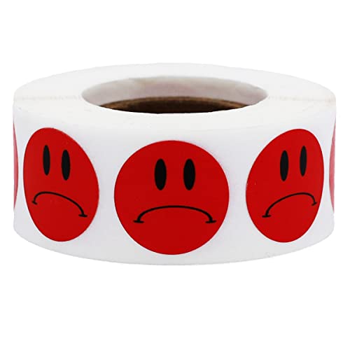Sad Face Stickers - Red Frowny Face Labels, 0.75 Inch Round Dots, 500 Total Adhesive Stickers for Feedback and Organization - Made in the USA