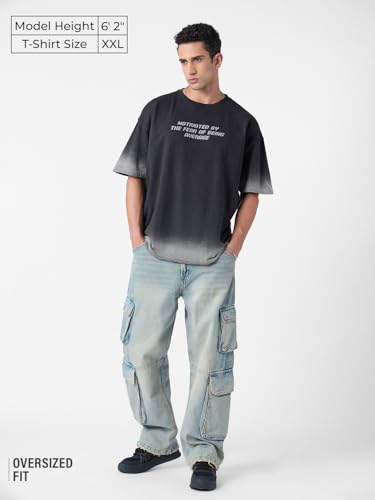 Image of The Souled Store Oversized T-Shirt: Motivation Men and Boys Short Sleeves Round Neck Black Typography Printed Cotton Oversized T-Shirts