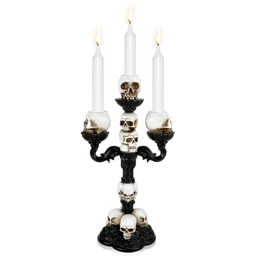 Portavelas Calavera, SHAIDOJIO Adorno Candelabro Negro con 3 Brazos, Gótica Halloween Estatua de Resina, Candelabros para Velas para la Decoración del Hogar Cocina Dormitorio y Sala de Estar