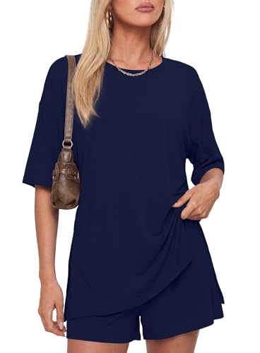 Image of Darong Women's 2 Piece Shorts Set Loungewear | oversized tshirts,crew neck top,drawstring shorts,elastic waist, side pockets,summer travel outfits