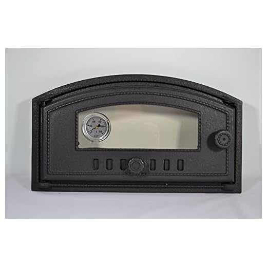 SEZAM Puerta de horno de hierro fundido con termómetro 500 °C, cristal resistente al calor, apertura a la izquierda, puerta para pizza, horno de pan, 48,5 x 6,5 x 27,5 cm, semicircular, pintura negra