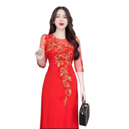 Vietnamese Evening Ao Dai, Round Neck, Beaded, Modified Ao Dai Party Dress
