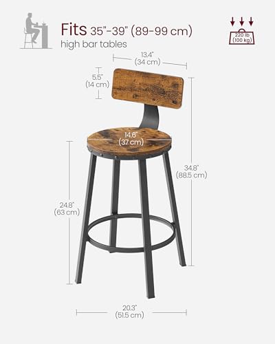 VASAGLE Bar Stools Set of 2, Kitchen Breakfast Bar Chairs, with Backrest, Steel Frame, 62.5 cm Tall Seat, Easy Assembly, Industrial Style, Rustic Brown and Black LBC076B01