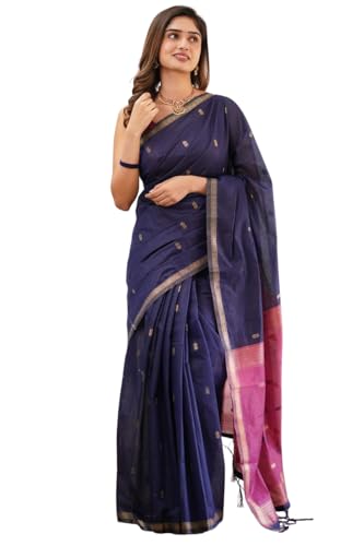 Image of ZECVA Women's Pure Soft Spun Cotton Lichi Silk Saree For Women With Attach Unstitch Blouse Piece