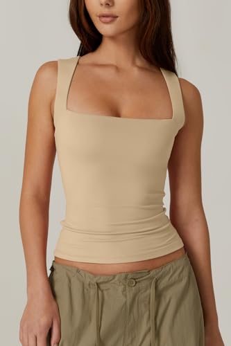 Image of QINSEN Women's Square Neck Sleeveless Double-Layer Tank Tops Basic Tight T Shirts