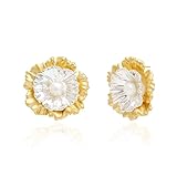 Sonateomber Pendientes gruesos de perlas para mujer, chapados en oro de 14 quilates, con circonita cúbica floral, texturizados, accesorios de boda, regalo de joyería de moda, Latón, Circonita cúbica