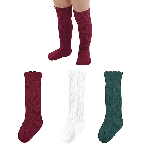 Image of Zando Baby Knee High Socks - Infant to Toddler Girls, Cotton Ruffle Socks, Warm Toddler Long Stockings, 3-6 Pairs