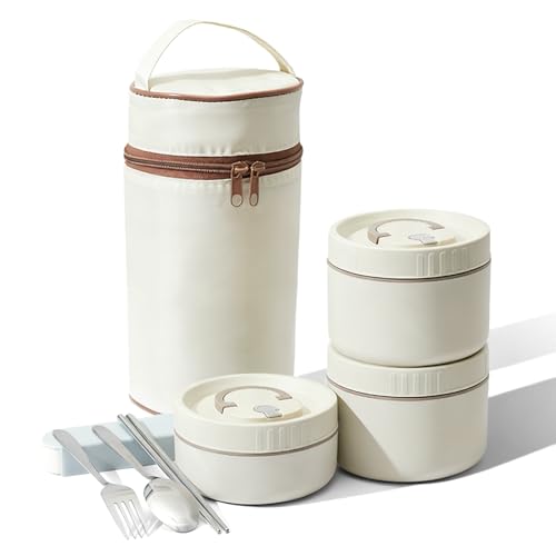 3 fiambreras térmicas, recipientes térmicos para alimentos, 1760 ml, 3 niveles con bolsa y cubiertos, recipiente térmico apilable, acero inoxidable 304, fiambrera bento para el hogar, oficina, picnic