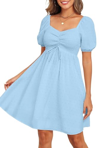 Image of Pinup Fashion Summer Casual Women Smocked Puff Sleeve A-Line Short Dress | Soft breathable fabric, sweetheart neck tie front, beach vacation, Easter graduation, spring holiday dates, maternity wear.