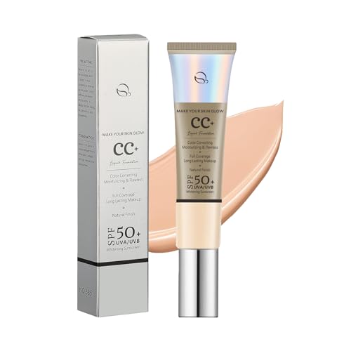 CC Cream,Full Coverage Foundation with SPF 50+,Colour Correcting Full Coverage Foundation,Concealer Foundation Makeup Flawless Cream Lightweight Concealer Long Lasting 24HR Waterproof Natural Color
