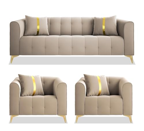 Image of A to Z Furniture Classic Chesterfield Sofa Set Luxury Chesterfield Sofa in for Home Living Room & Office (Beige)