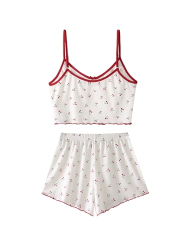 Image of Hilinker Womens Graphic Print Ribbed PJ Set Crop Cami Tops and Shorts Cute Pajamas Set