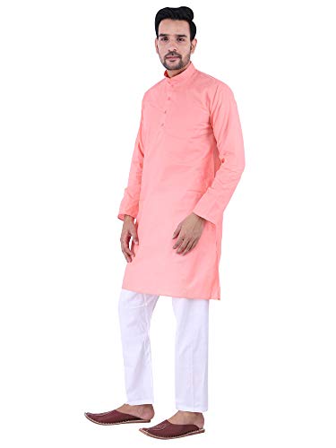 Image of JEXI Men's Cotton Blend Solid Kurta Pyjama Set - Knee-Length, Mandarin Collar, Full Sleeve, Ethnic Wear