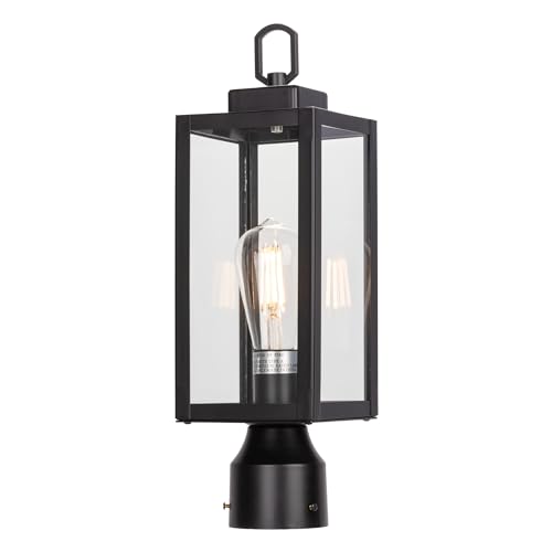 LIT-PaTH Outdoor Post Light, Pole Light with E26 Medium Base, Stainless Metal Housing Plus Glass, Outdoor Post Lighting Fixture for Garden Patio Porch, Matte Black Finish, Bulb Not Included, 1-Pack