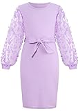 ALISISTER Girls Purple Dress Puff Long Sleeve Butterflies Mesh Birthday Tea Party Lavender Formal Dresses with Belt for Teen Kids 14 Year Old