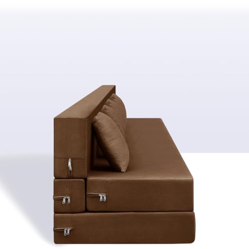 Image of 4 Seater Convertible Sofa Cum Bed (6x6 ft) with Cushions | Jute Fabric | Comfortable Sofa for Living Room & Guest Room - Brown Color