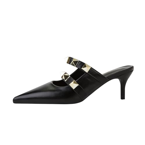 Women’s Leather Slip On Kitten Heel Pumps with Fashion Studded Pointed Closed Toe Dress Heels Mules for Daily Party Wedding2