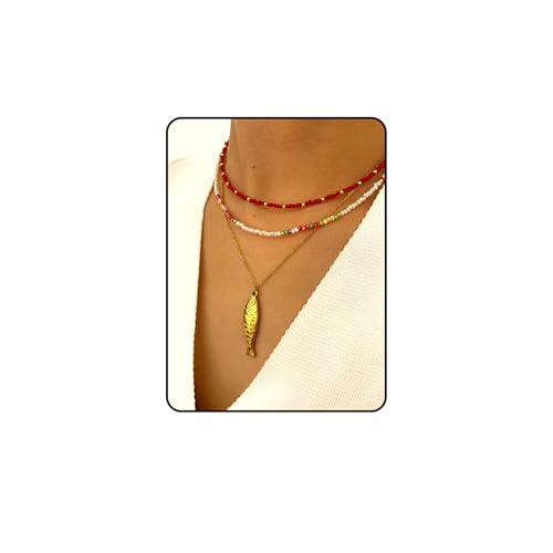 Fish Necklace, Gold Layered Beach Summer Y2k Pendant Necklaces Beachy Choker Beaded Charm Non Tarnish Statement Dainty Stack Stainless Steel Anniversary Holiday Jewelry Gift