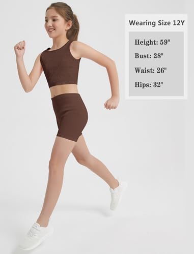 Image of EXARUS Girls 2 Piece Outfits Seamless Ribbed Cropped Tank Top Shorts Set | Teen Two Piece Outfit Tween Summer Dance Vacation Yoga Crew Neck Youth Athletic Workout Set Kids High Waist Elasticity 6-14Y
