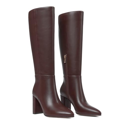 AOSPHIRAYLIAN Knee High Boots Women Wide Calf Heel Boots Chunky Heel Pointed Toe Side Zipper Block Heel Fashion Dress Womens Shoes