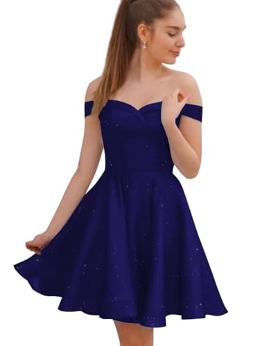 Off The Shoulder Homecoming Dresses for Teens Women A Line Glitter Satin Short Prom Dress Cocktail Dress