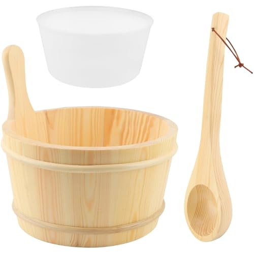 YOOODONNN Wooden Sauna Bucket & Ladle Set 1 Gallon (4L) Handmade Natural Pine with Rope Handle & Leakproof Liner Sauna Accessories for Steam Rooms