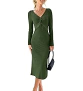 MIHOLL Womens 2023 Sweater Dress Long Sleeve V Neck Twist Front Slim Fit Ribbed Knit Bodycon Midi...