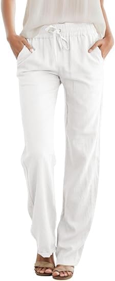 Friptspyg Hosen Damen mit Tashen Freizeithose Elastische Sommerhose Damen Leicht Palazzo HosenWeiß M