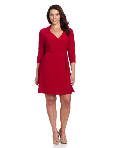 Star Vixen Women's Plus-Size 3/4 Sleeve Faux Wrap Dress, Red, 3X #TOP16