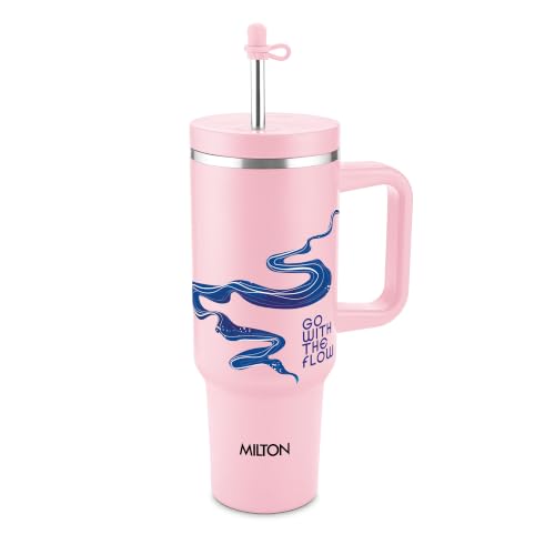Image of MILTON My Tumbler Studio 1200 Thermosteel Double Wall Vacuum Insulated SS Tumbler with Handle 1100ml, Leak Proof Travel Mug, Straw, Silicon Cap Cleaning Brush, Hot & Cold Beverage Flask, Pink Flow