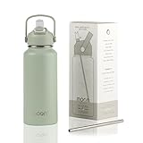 Moon Bottles - Insulated Water Bottle with Straw - Stainless Steel Sports Drink Bottle, Thermal Flask, 24hr Cold, 12hr Hot, Double Walled, Metal Straw, Silicon Spout, UK Company (1L, Green)