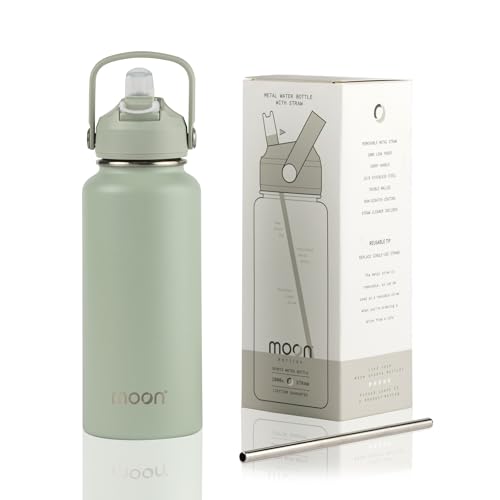 Moon Bottles - Insulated Water Flask with Straw - Stainless Steel Sports Drink Container, Thermal Bottle, 24hr Cold, 12hr Hot, Double Walled, Metal Straw, Silicone Spout, UK Brand (1L, Green)