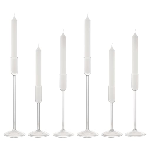 Willceka Candle Holder, Glass Taper Candle Tall Candlestick Holder, 3 Different Heights, for Table Centerpiece, Wedding, Party, Clear, 6pcs