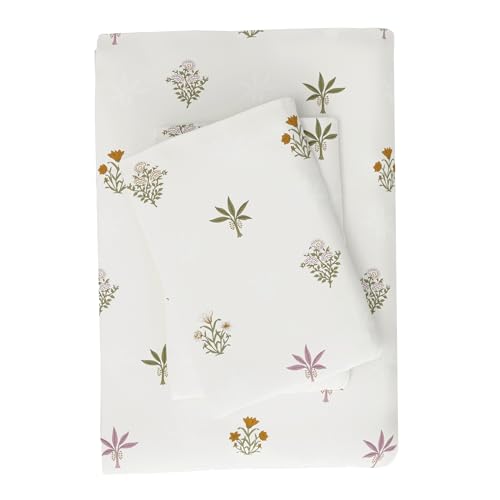 Image of Huesland 210 TC Premium Pure Cotton Bedsheet Queen Size Bed Cotton with 2 Pillow Covers | Palm Meadow | Cream, Pink, Green & Ocre