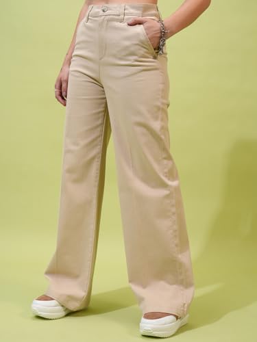 Image of Tokyo Talkies Pure Cotton Flared Wide Leg Trousers | Mid-Rise with Side Pockets|Casual Pants