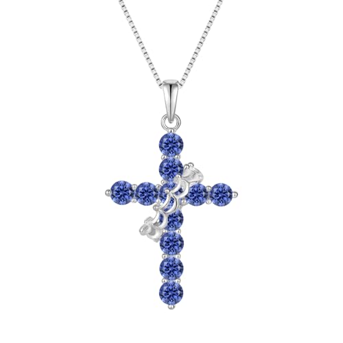 Rotated Crown Cross Necklaces for Women, 925 Sterling Silver Round Cut Zircon Neckalce Pendant With Ring Birthstones Jewelry for Her